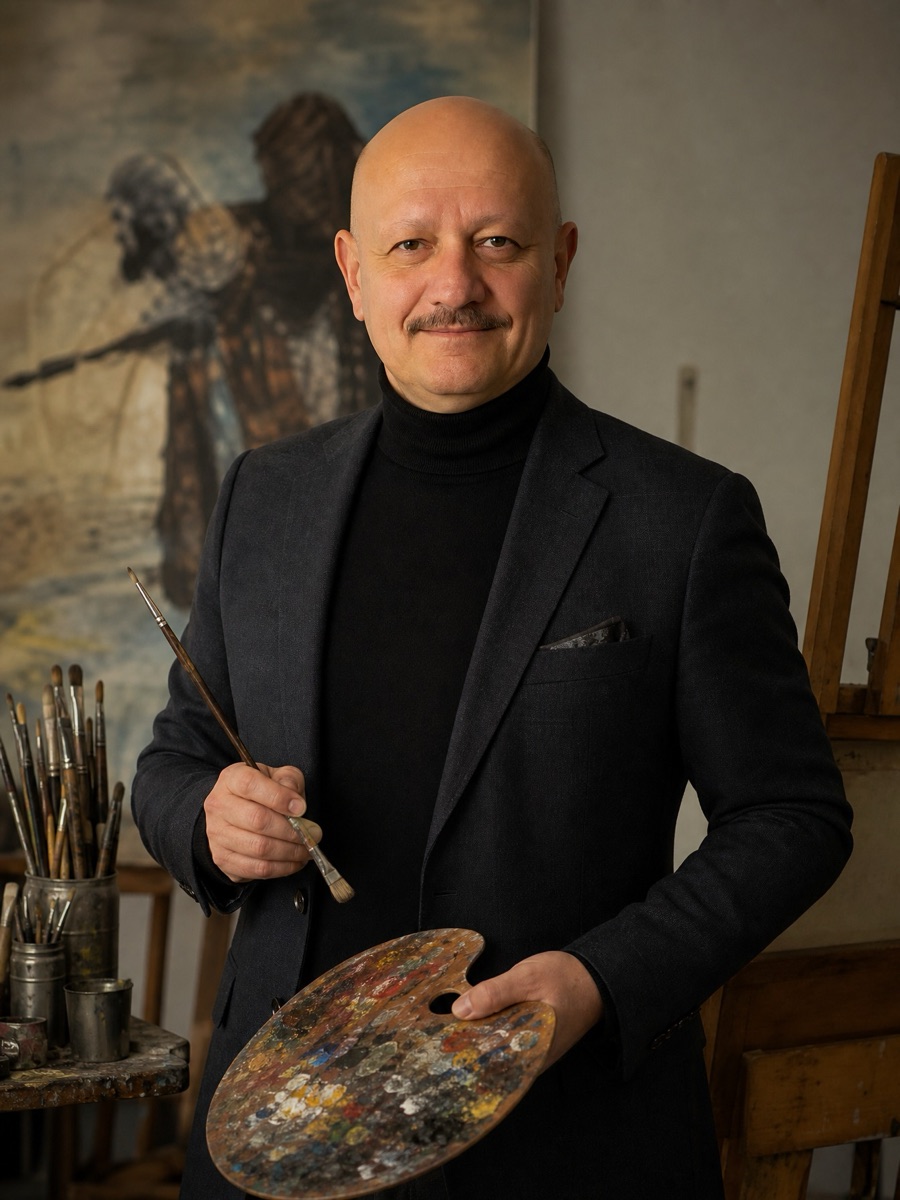Ressam Adil Şenkaya atölyesinde, paleti ve fırçasıyla
